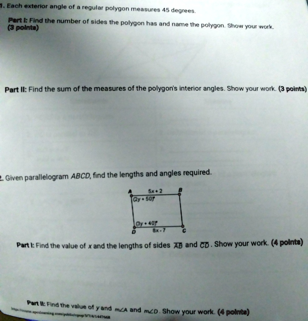 each exterior angle of a regular polygon measures 45 degrees