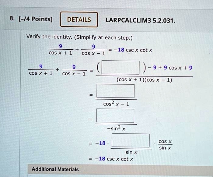 SOLVED8. [/4 Points] DETAILS LARPCALCLIM3 5.2.031. Verify the