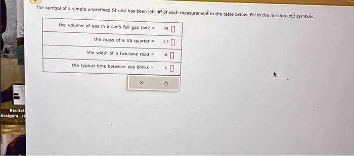 The symbol of a simple unprefixed SI unit has been left off of each measurement in the table below. Fill in the missing unit symbols.
the volume of gas in a car's full gas tank = 50
the mass of a US quarter = 6.5
the width of a two-lane road = 10
the typical time between eye blinks = 6