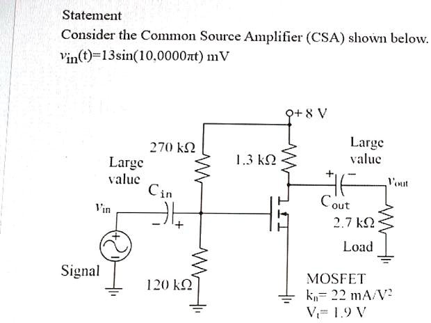 Statement Consider the Common Source Amplifier (CSA) shown below. vin(t ...