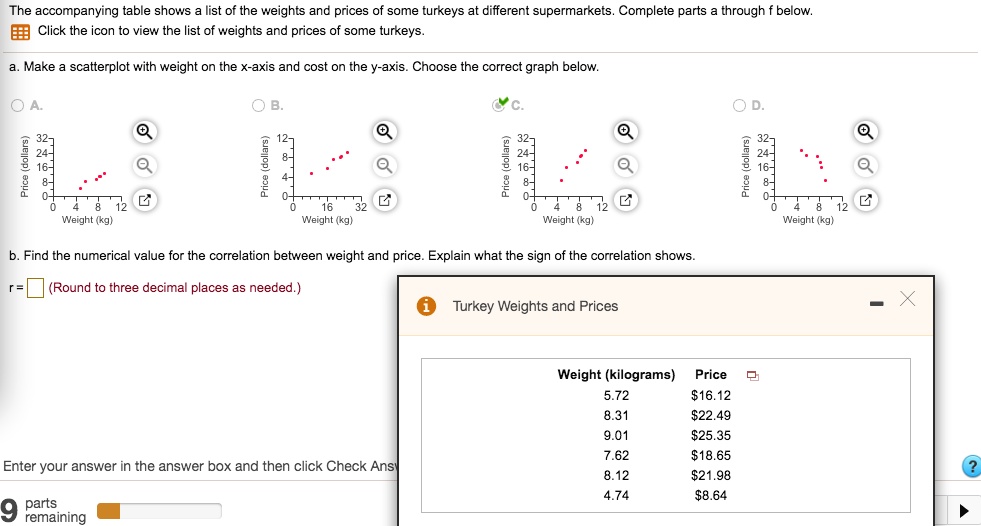 The accompanying table shows a list of the weights and prices of some turkeys at different supermarkets. Complete parts a through f below.
Click the icon to view the list of weights and prices of some turkeys.
a. Make a scatterplot with weight on the x-axis and cost on the y-axis. Choose the correct graph below.
b. Find the numerical value for the correlation between weight and price. Explain what the sign of the correlation shows.
r = (Round to three decimal places as needed.)
Turkey Weights and Prices
Weight (kilograms) Price
5.72 16.12
8.3122.49
9.01 25.35
7.6218.65
8.12 21.98
4.748.64
