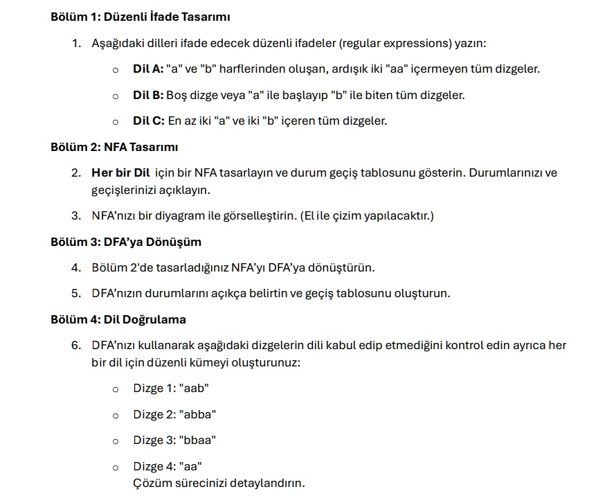bolum 1 duzenli ifade tasarm 1 asagdaki dilleri ifade edecek duzenli ifadeler regular expressions yazn dil a a ve b harflerinden olusan ardsk iki aa icermeyen tum dizgeler dil b bos dizge ve 55478