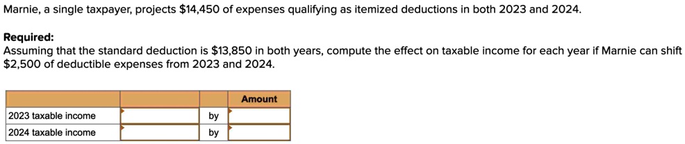 marnie a single taxpayer projects 14450 of expenses qualifying as itemized deductions in both 2023 and 2024 required assuming that the standard deduction is 13850 in both years compute the e 60682
