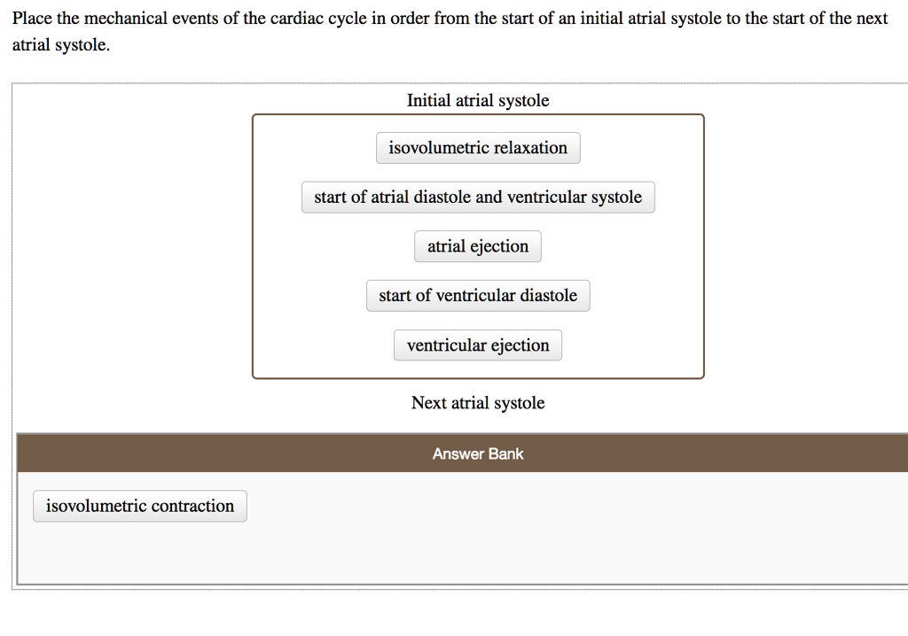 Place the mechanical events of the cardiac cycle in order from the start of an initial atrial systole to the start of the next atrial systole. Initial atrial systole: isovolumetric relaxation, start of atrial diastole and ventricular systole, atrial ejection, start of ventricular diastole, ventricular ejection. Next atrial systole. Answer Bank: isovolumetric contraction