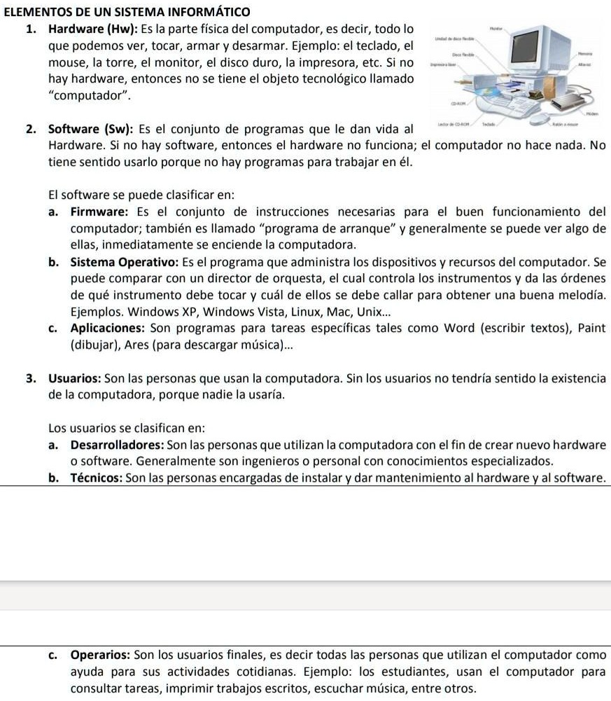 que sucederia si faltara algun elemento del sistema informatico ayudenme porfavor los elementos estan en la imagen elementos de un sistema informatico hardware hw es la parte fisica del comp 88243