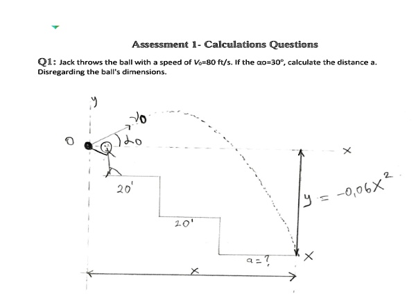 assessment 1 calculations questions q1 jack throws the ball with a speed of v080 fts if the alpha030circ calculate the distance a disregarding the balls dimensions y 006x2 95304