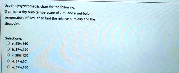 Use the psychrometric chart for the following:
If air has a dry bulb temperature of 20°C and a wet bulb
temperature of 12°C then find the relative humidity and the
dewpoint.

Select one:
a. 58%,16C
b. 37%,12C
c. 58%,12C
d. 37%,5C
e. 37%,16C