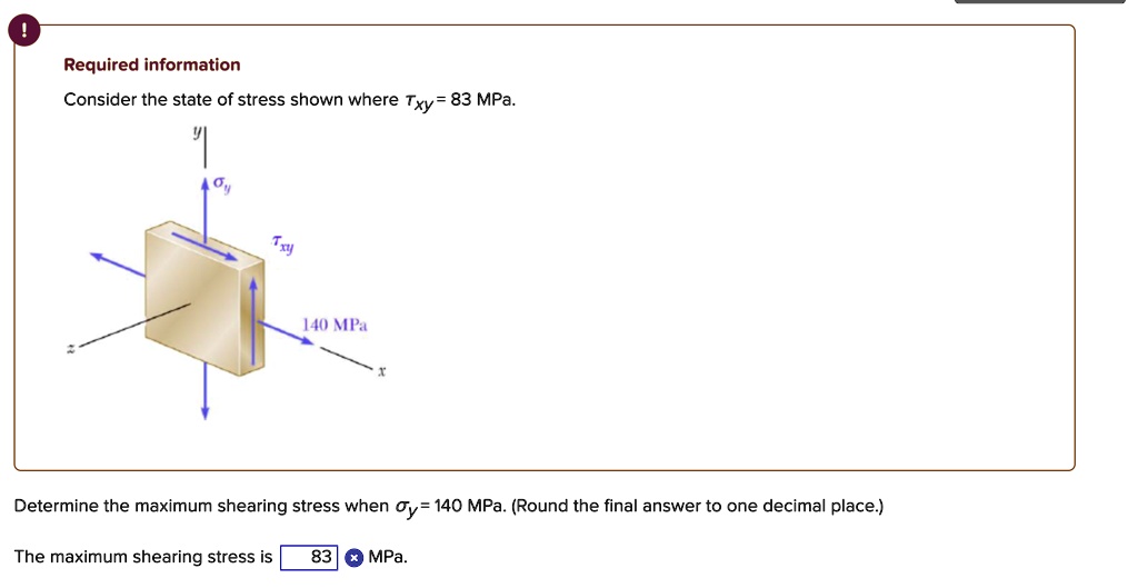 Required information
Consider the state of stress shown where ?xy = 83 MPa.
y
?y
?xy
140 MPa
x
z
Determine the maximum shearing stress when ?y = 140 MPa. (Round the final answer to one decimal place.)
The maximum shearing stress is 83 MPa.