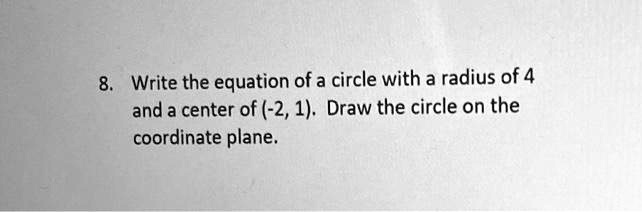 8. Write the equation of a circle with a radius of 4 and a center of (-2, 1). Draw the circle on the coordinate plane.