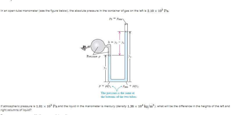 In an open-tube manometer (see the figure below), the absolute pressure in the container of gas on the left is 2.10 × 10^5 Pa. If atmospheric pressure is 1.01 × 10^5 Pa and the liquid in the manometer is mercury (density 1.36 × 10^4 kg/m^3), what will be the difference in the heights of the left and right columns of liquid?