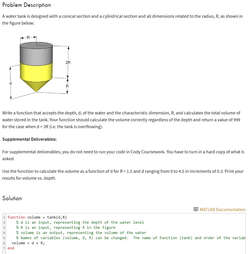problem description a water tank is designed with a conical section and ...