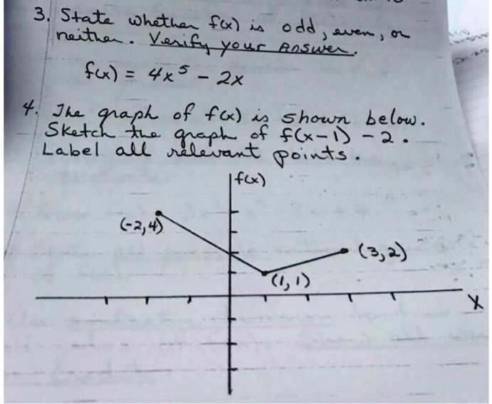 3. State whether f(x) is odd, even, or neither. Verify your Answer.
f(x) = 4x^5 - 2x
4. The graph of f(x) is shown below.
Sketch the graph of f(x-1) - 2.
Label all relevant points.
f(x)
(-2,4)
(1,1)
(3,2)
X