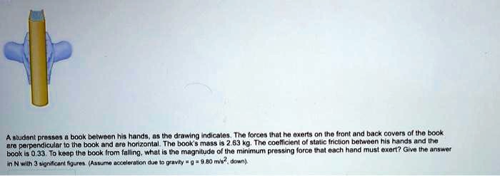 A student presses a book between his hands, as the drawing indicates. The forces that he exerts on the front and back covers of the book are perpendicular to the book and are horizontal. The book's mass is 2.63 kg. The coefficient of static friction between his hands and the book is 0.33. To keep the book from falling, what is the magnitude of the minimum pressing force that each hand must exert? Give the answer in N with 3 significant figures. (Assume acceleration due to gravity g = 9.80  m/s^2, down).
