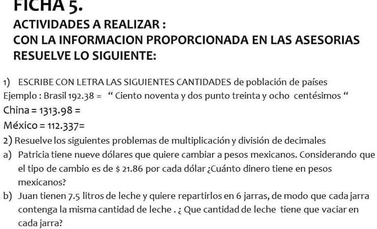 SOLVED: me podrían ayudar por favor FICHA 5. ACTIVIDADES A REALIZAR
