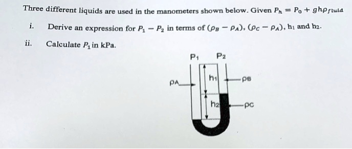 Pin Term Po SOLVED: Three different liquids are used in the manometers shown below ...