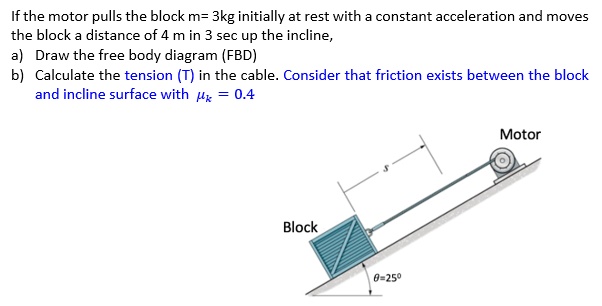 If the motor pulls the block m= 3kg initially at rest with a constant acceleration and moves the block a distance of 4 m in 3 sec up the incline,
a) Draw the free body diagram (FBD)
b) Calculate the tension (T) in the cable. Consider that friction exists between the block and incline surface with ?k = 0.4
Motor
Block
S
?=25°