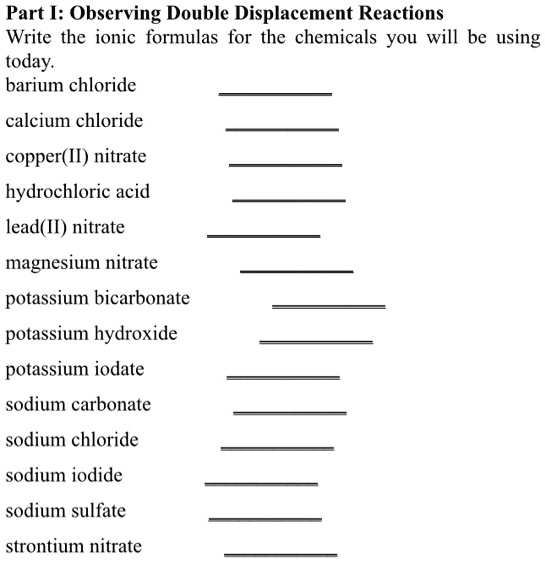 SOLVED Part I Observing Double Displacement Reactions Write the ionic formulas for the