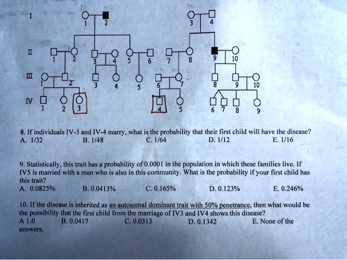 8. If individuals IV-3 and IV-4 marry, what is the probability that their first child will have the disease?
A. 1/32 B. 1/48 C. 1/64 D. 1/12 E. 1/16

9. Statistically, this trait has a probability of 0.0001 in the population in which these families live. If IV5 is married with a man who is also in this community. What is the probability if your first child has this trait?
A. 0.0825% B. 0.0413% C. 0.165% D. 0.123% E. 0.246%

10. If the disease is inherited as an autosomal dominant trait with 50% penetrance, then what would be the possibility that the first child from the marriage of IV3 and IV4 shows this disease?
A 1.0 B. 0.0417 C. 0.0313 D. 0.1342 E. None of the answers.
