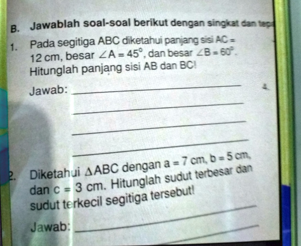 SOLVED: 1.Pada Segitiga ABC Diketahui Panjang AC:12cm, Besar Sudut A:45 ...