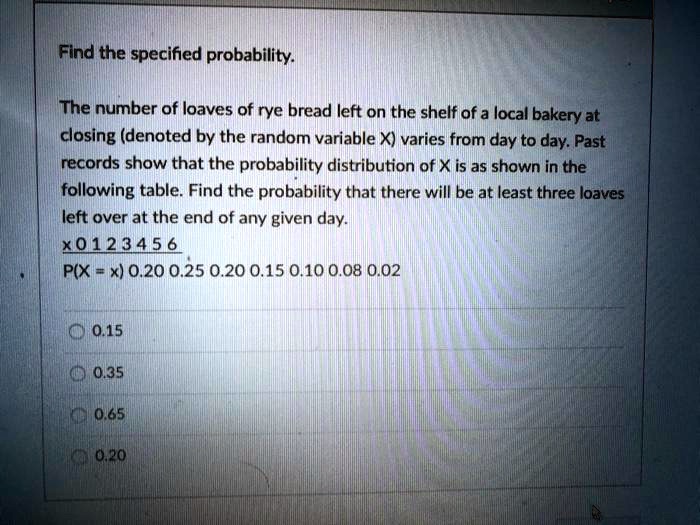 Find the specified probability.

The number of loaves of rye bread left on the shelf of a local bakery at closing (denoted by the random variable X) varies from day to day. Past records show that the probability distribution of X is as shown in the following table. Find the probability that there will be at least three loaves left over at the end of any given day.
x 0 1 2 3 4 5 6
P(X = x) 0.20 0.25 0.20 0.15 0.10 0.08 0.02

0.15
0.35
0.65
0.20