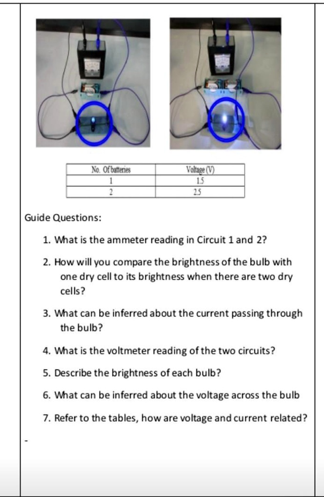 No. Of batteries | Voltage (V)
1 | 1.5
2 | 2.5

Guide Questions:
1. What is the ammeter reading in Circuit 1 and 2?
2. How will you compare the brightness of the bulb with one dry cell to its brightness when there are two dry cells?
3. What can be inferred about the current passing through the bulb?
4. What is the voltmeter reading of the two circuits?
5. Describe the brightness of each bulb?
6. What can be inferred about the voltage across the bulb
7. Refer to the tables, how are voltage and current related?