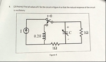 4 20 points find all values of c for the circuit in figure 4 so that the natural response of the circuit is oscillatory t0 i 02h 1omega figure 4 c 1omega 01623
