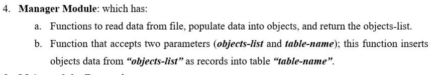 4. Manager Module: which has: a. Functions to read data from...