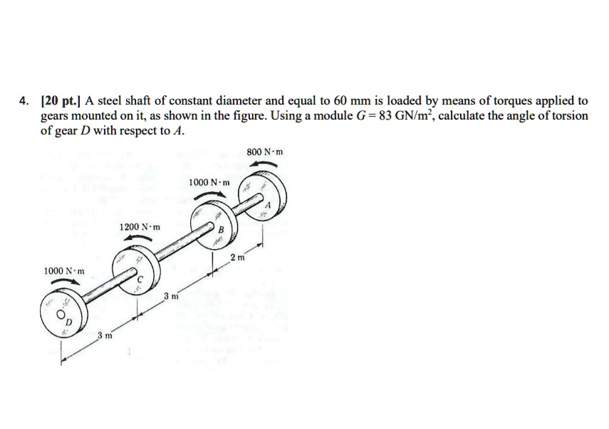 A steel shaft of constant diameter and equal to 60 mm is loaded by means of torques applied to gears mounted on it, as shown in the figure. Using a module G = 83 GN/m², calculate the angle of torsion of gear D with respect to A.