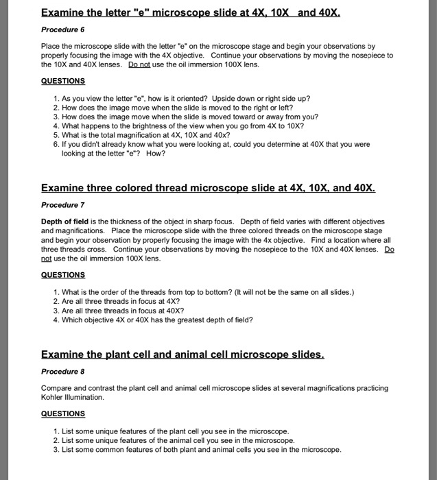 SOLVED Examine the letter "e" on the microscope slide at 4X, 10X, and 40X. Procedure Place the