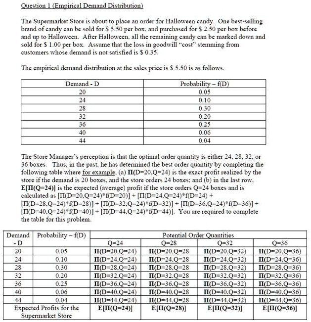 Question 1 (Empirical Demand Distribution)

The Supermarket Store is about to place an order for Halloween candy. One best-selling brand of candy can be sold for 5.50 per box, and purchased for 2.50 per box before and up to Halloween. After Halloween, all the remaining candy can be marked down and sold for 1.00 per box. Assume that the loss in goodwill "cost" stemming from customers whose demand is not satisfied is 0.35.

The empirical demand distribution at the sales price is 5.50 is as follows.

Demand - D | Probability - f(D)
20 | 0.05
24 | 0.10
28 | 0.30
32 | 0.20
36 | 0.25
40 | 0.06
44 | 0.04

The Store Manager's perception is that the optimal order quantity is either 24, 28, 32, or 36 boxes. Thus, in the past, he has determined the best order quantity by completing the following table where for example, (a) ?(D=20,Q=24) is the exact profit realized by the store if the demand is 20 boxes, and the store orders 24 boxes; and (b) in the last row, E[?(Q=24)] is the expected (average) profit if the store orders Q=24 boxes and is calculated as [?(D=20,Q=24)*f(D=20)] + [?(D=24,Q=24)*f(D=24)] + [?(D=28,Q=24)*f(D=28)] + [?(D=32,Q=24)*f(D=32)] + [?(D=36,Q=24)*f(D=36)] + [?(D=40,Q=24)*f(D=40)] + [?(D=44,Q=24)*f(D=44)]. You are required to complete the table for this problem.

Demand - D | Probability - f(D) | Potential Order Quantities
 | | Q=24 | Q=28 | Q=32 | Q=36
20 | 0.05 | ?(D=20,Q=24) | ?(D=20,Q=28) | ?(D=20,Q=32) | ?(D=20,Q=36)
24 | 0.10 | ?(D=24,Q=24) | ?(D=24,Q=28) | ?(D=24,Q=32) | ?(D=24,Q=36)
28 | 0.30 | ?(D=28,Q=24) | ?(D=28,Q=28) | ?(D=28,Q=32) | ?(D=28,Q=36)
32 | 0.20 | ?(D=32,Q=24) | ?(D=32,Q=28) | ?(D=32,Q=32) | ?(D=32,Q=36)
36 | 0.25 | ?(D=36,Q=24) | ?(D=36,Q=28) | ?(D=36,Q=32) | ?(D=36,Q=36)
40 | 0.06 | ?(D=40,Q=24) | ?(D=40,Q=28) | ?(D=40,Q=32) | ?(D=40,Q=36)
44 | 0.04 | ?(D=44,Q=24) | ?(D=44,Q=28) | ?(D=44,Q=32) | ?(D=44,Q=36)
Expected Profits for the Supermarket Store | E[?(Q=24)] | E[?(Q=28)] | E[?(Q=32)] | E[?(Q=36)]