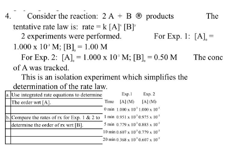 4. Consider the reaction: 2  A+B(R) products
The tentative rate law is: rate =k[A]^x[ B]^y
2 experiments were performed. For Exp. 1: [A]0=
1.000 × 10^-3M ;[B]0=1.00 M
For Exp. 2: [A]0=1.000 × 10^-3M ;[B]0=0.50 M The conc of A was tracked.
This is an isolation experiment which simplifies the determination of the rate law.