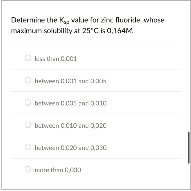 SOLVEDDetermine the Ksp value for zinc fluoride; whose maximum