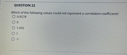 QUESTION 22
Which of the following values could not represent a correlation coefficient?
0.9278
0
1.032
1
-1