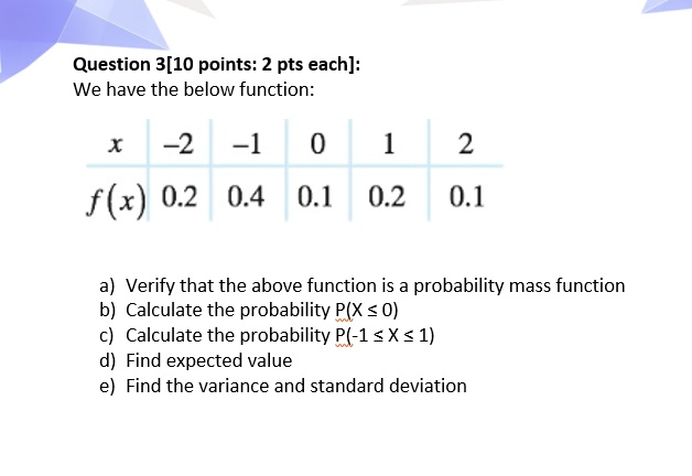 Question 3[10 points: 2 pts each]:
We have the below function:

x | -2 | -1 | 0 | 1 | 2
f(x) | 0.2 | 0.4 | 0.1 | 0.2 | 0.1

a) Verify that the above function is a probability mass function
b) Calculate the probability P(X ? 0)
c) Calculate the probability P(-1 ? X ? 1)
d) Find expected value
e) Find the variance and standard deviation