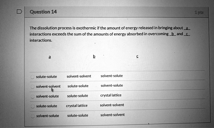 The dissolution process is exothermic if the amount of energy released in bringing about a interactions exceeds the sum of the amounts of energy absorbed in overcoming b and c interactions.

a b c

solute-solute solvent-solvent solvent-solute
solvent-solvent solute-solute solvent-solute
solvent-solute solute-solute crystal lattice
solute-solute crystal lattice solvent-solvent
solvent-solute solute-solute solvent-solvent