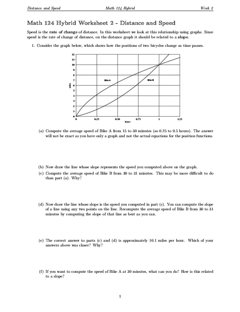 SOLVED: Title: Distance and Speed: Exploring the Relationship Using Graphs  Math 124 Hybrid Worksheet 2: Distance and Speed Speed is the rate of change  of distance. In this worksheet, we will explore