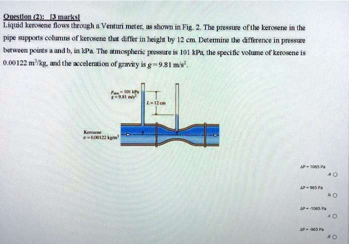 SOLVED: Ouestion(2)[3marksl Liquid kerosene flows through a Venturi ...