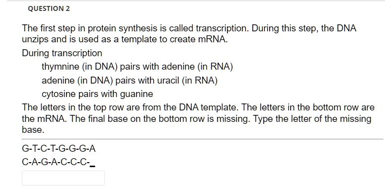 Question 2 The First Step In Protein Synthesis Is Called Transcription 