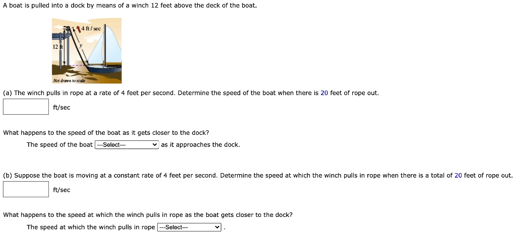 Solved Boat Is Pulled Into Dock By Means Of Winch 12 Feet Above The Deck Of The Boat I4ft Sc Kokrmr Loicul The Winch Pulls In Rope At Rate Of Feet Per Second Determine