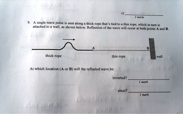 A wave pulse in thin string is incident on a thick string as shown