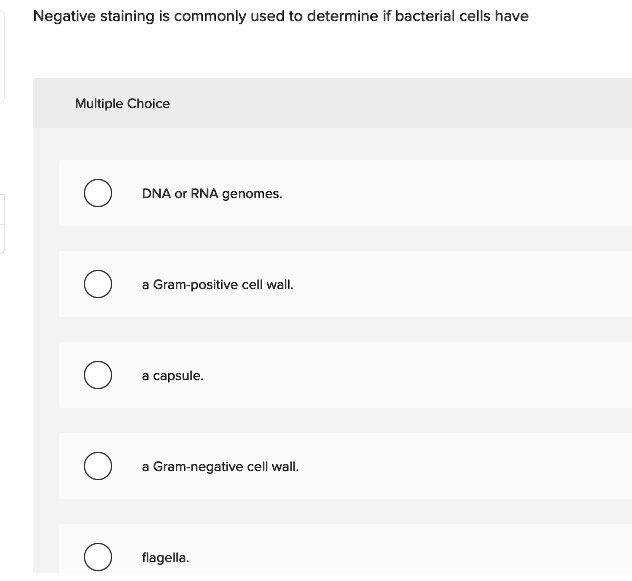 Negative staining is commonly used to determine if bacterial cells have
Multiple Choice
DNA or RNA genomes.
a Gram-positive cell wall.
a capsule.
a Gram-negative cell wall.
flagella.