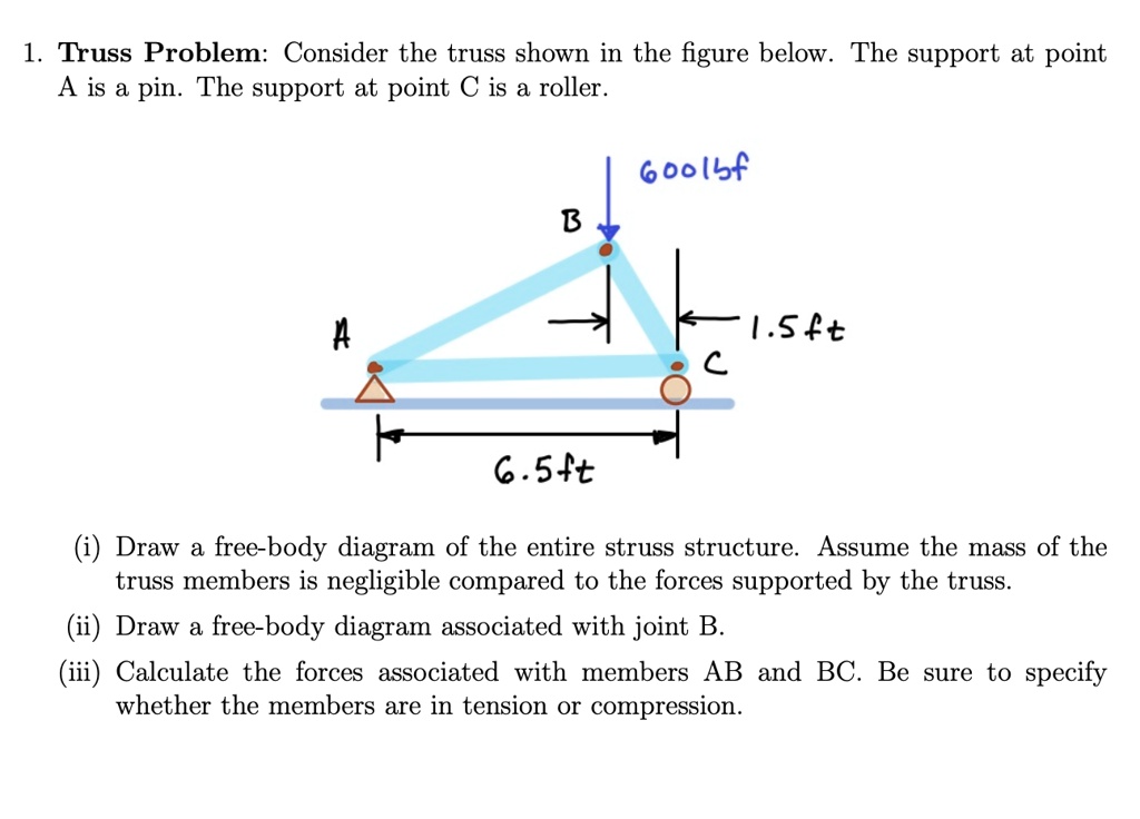 1. Truss Problem: Consider the truss shown in the figure below. The support at point
A is a pin. The support at point C is a roller.

600 lbf
B
6.5 ft
1.5 ft
C

(i) Draw a free-body diagram of the entire truss structure. Assume the mass of the
truss members is negligible compared to the forces supported by the truss.
(ii) Draw a free-body diagram associated with joint B.
(iii) Calculate the forces associated with members AB and BC. Be sure to specify
whether the members are in tension or compression.