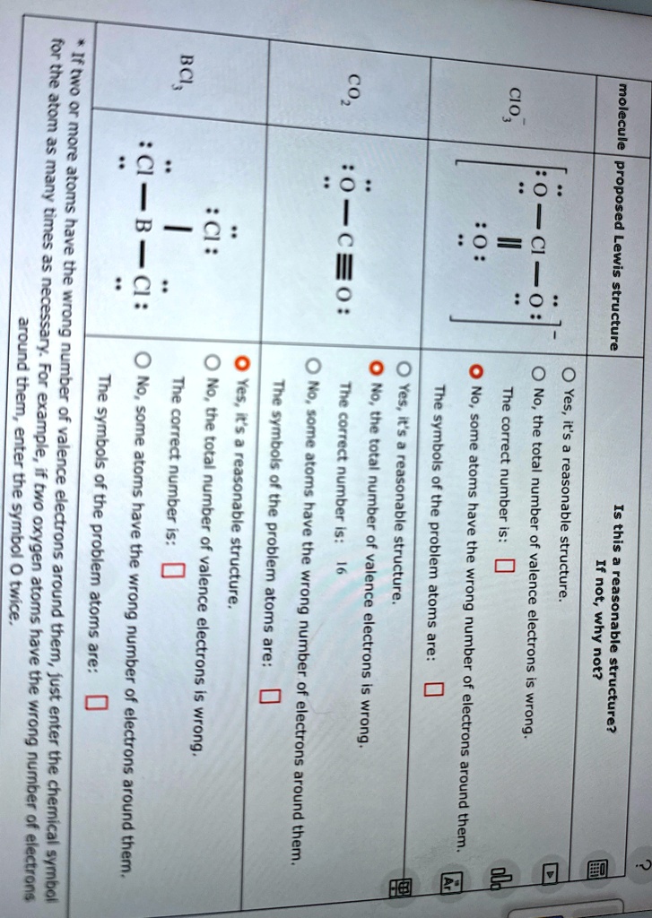 molecule proposed lewis structure is this a reasonable structure if not why not yes its a reasonable structure cl 0 no the total number of valence electrons is wrong cio3 the correct number 18532