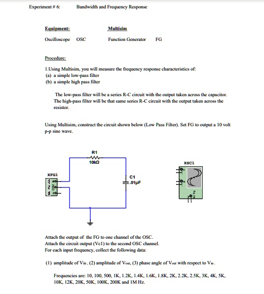 SOLVED Experiment 6 Bandwidth and Frequency Response Equipment Oscilloscope (OSC), Multisim