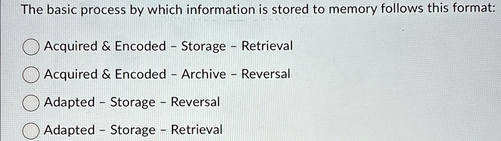 SOLVED: The basic process by which information is stored in memory ...