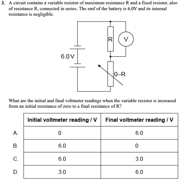 A circuit contains a variable resistor of maximum resistance R and a