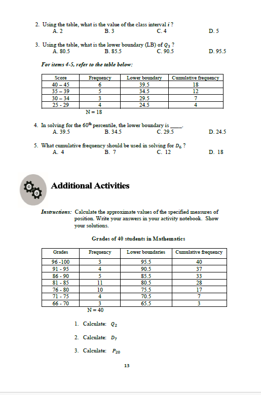 2. Using the table, what is the value of the class interval i ? A. 2 B ...