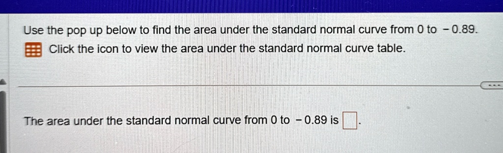 Use the pop up below to find the area under the standard normal curve from 0 to - 0.89.
Click the icon to view the area under the standard normal curve table.
The area under the standard normal curve from 0 to - 0.89 is .