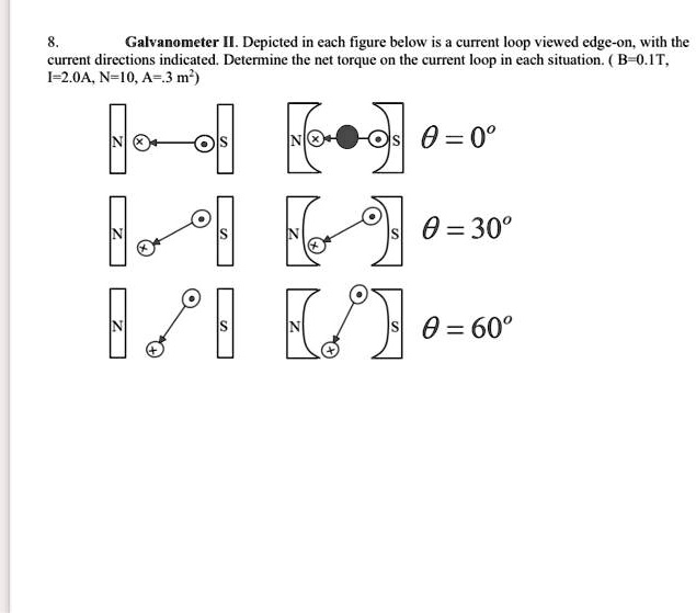 8.
Galvanometer II. Depicted in each figure below is a current loop viewed edge-on, with the
current directions indicated. Determine the net torque on the current loop in each situation. (B=0.1T,
I=2.0A, N=10, A=.3 m²)