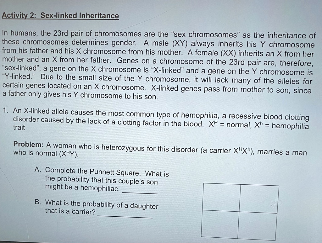 SOLVED: Activity 2: Sex-linked Inheritance In humans, the 23rd pair of  chromosomes are the sex chromosomes, as the inheritance of these  chromosomes determines gender. A male (XY) always inherits his chromosome  from